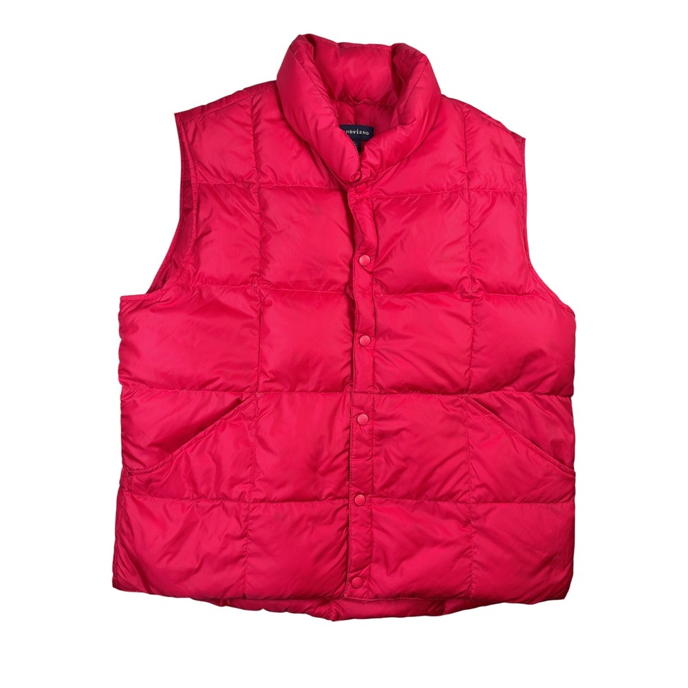 Lands' End Down Puffer Vest Mens Large Red Goose Down Snap Front Nylon